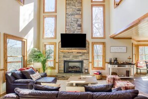 Smart TV, fireplace, foosball