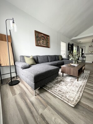 Smart TV, fireplace, books