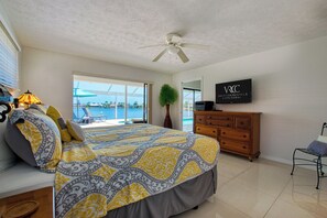 A bedroom with a bed, a dresser, a TV, and a view of the water.