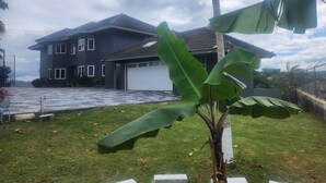 Une maison à deux étages avec un garage, entourée d’une pelouse verdoyante et de grands bananiers.