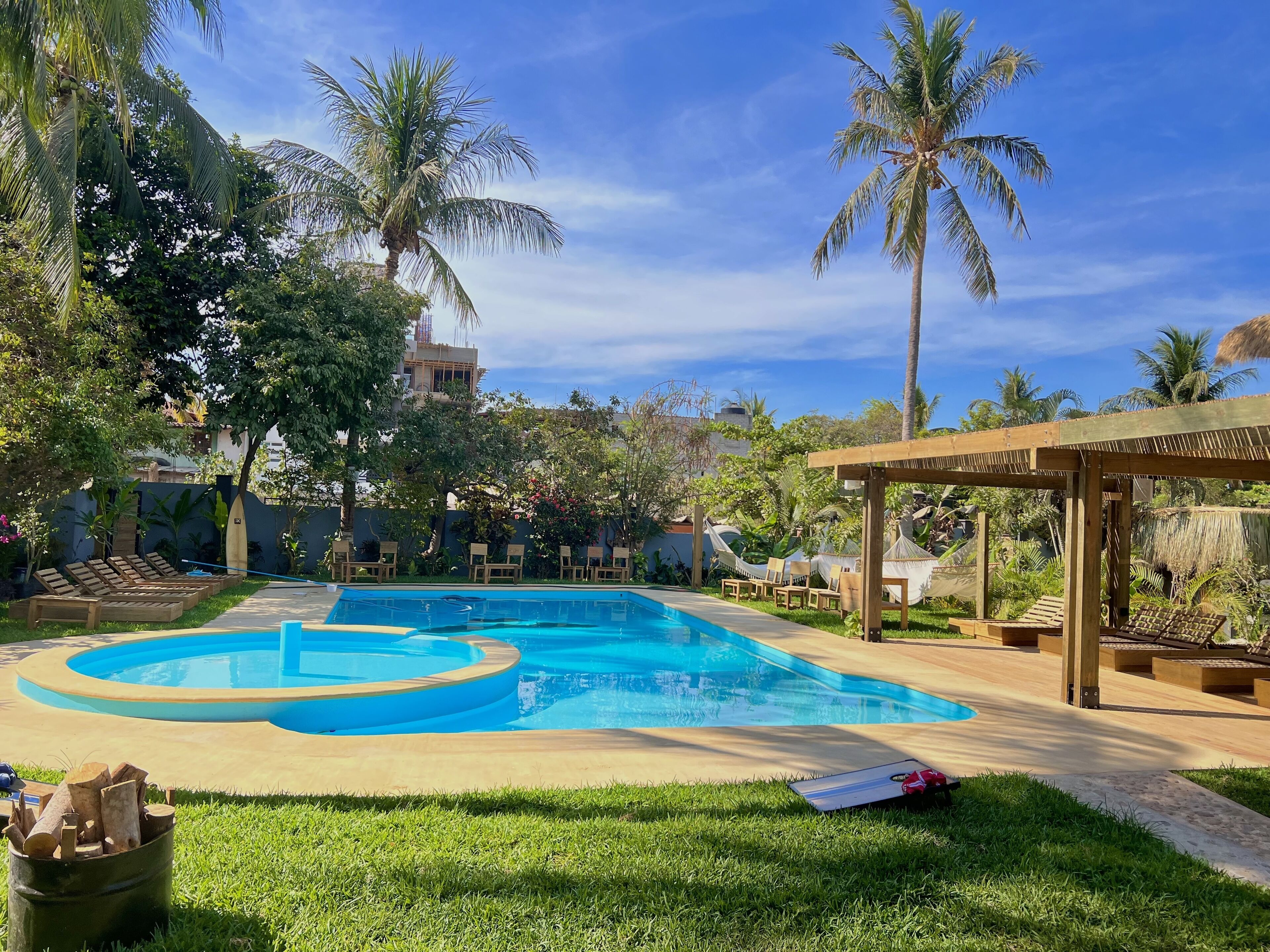 Outdoor pool, pool umbrellas, pool loungers