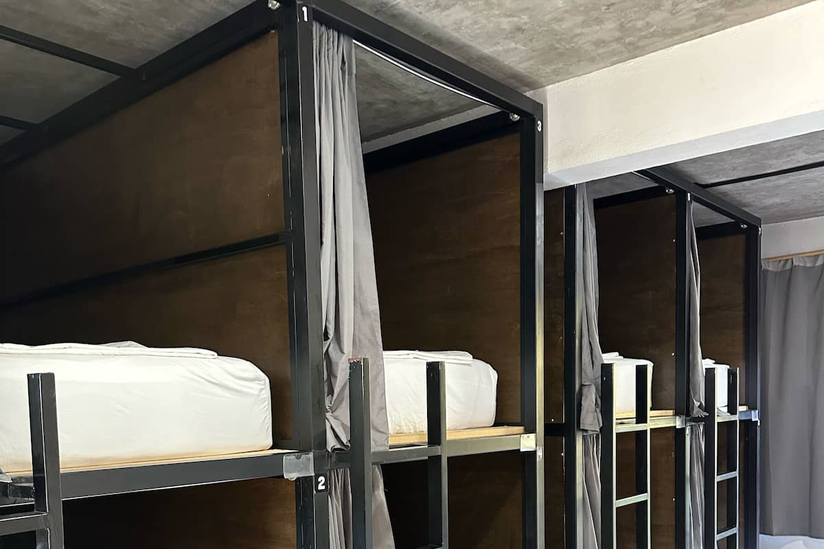 Camas literas con cortinas, estructura de madera y techo de hormigón.