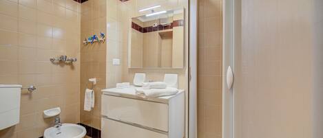 A bathroom with a toilet, bidet, sink, and a shower area.