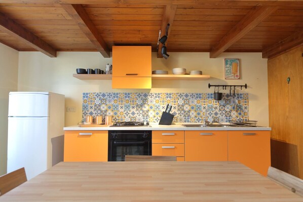 Fridge, stovetop, cookware/dishes/utensils