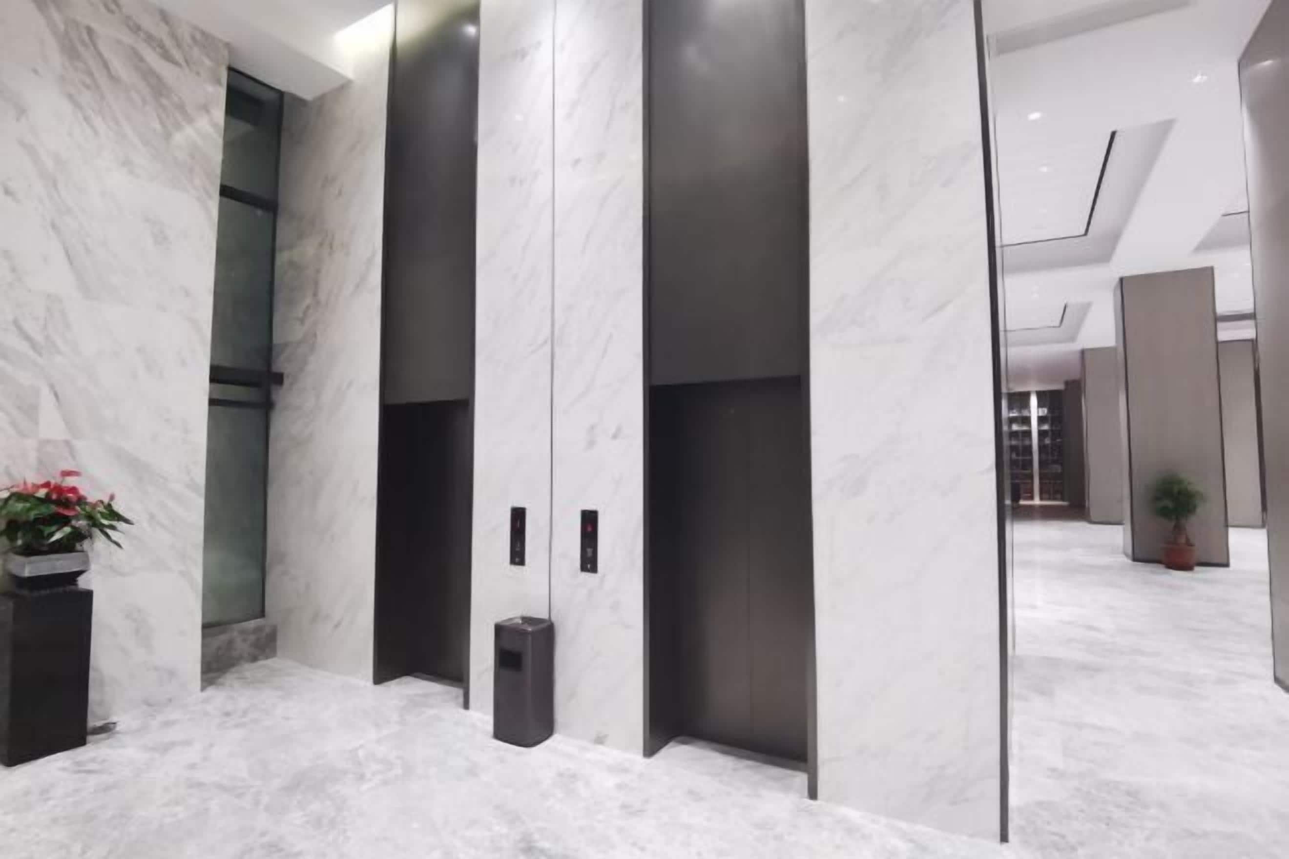 A modern elevator area with marble walls and a potted plant.