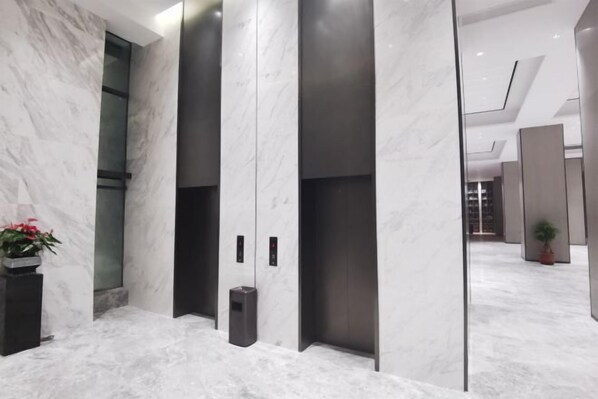 Área de elevador moderna com paredes de mármore e uma planta em vaso.