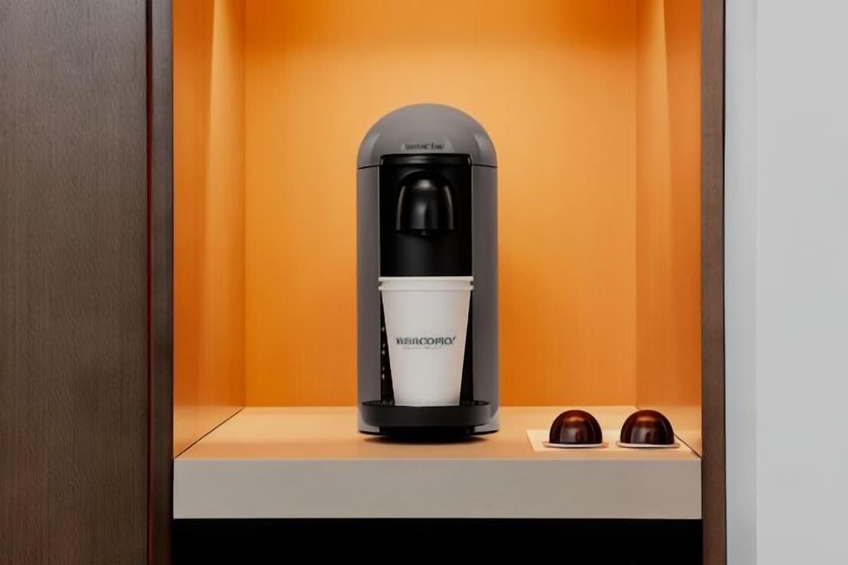 A coffee machine with a cup holder and two cups on a counter.
