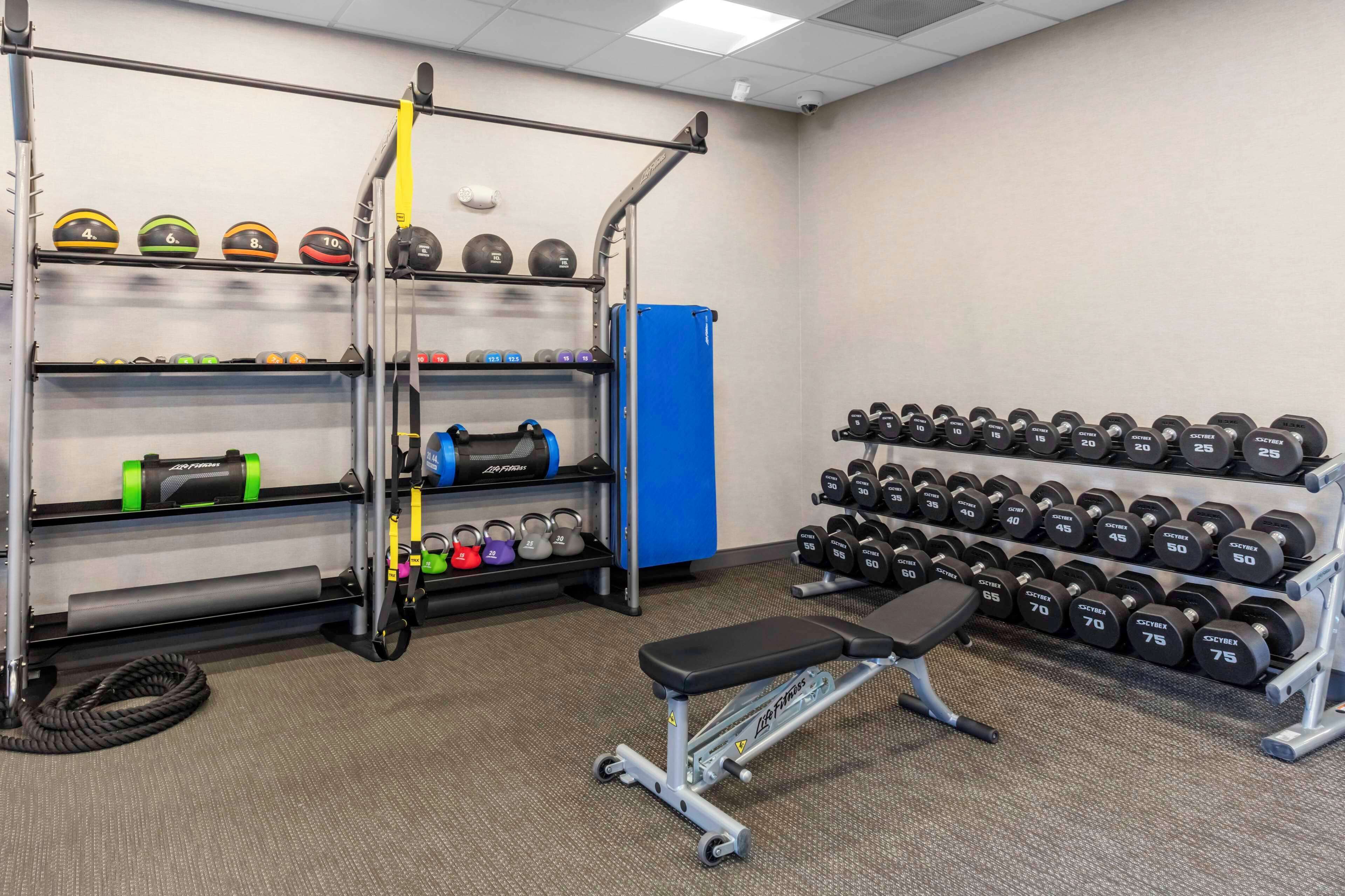 A gym with weightlifting equipment, including dumbbells and kettlebells, and a bench.