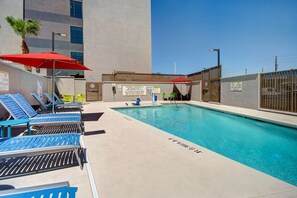 Outdoor pool, pool umbrellas, pool loungers