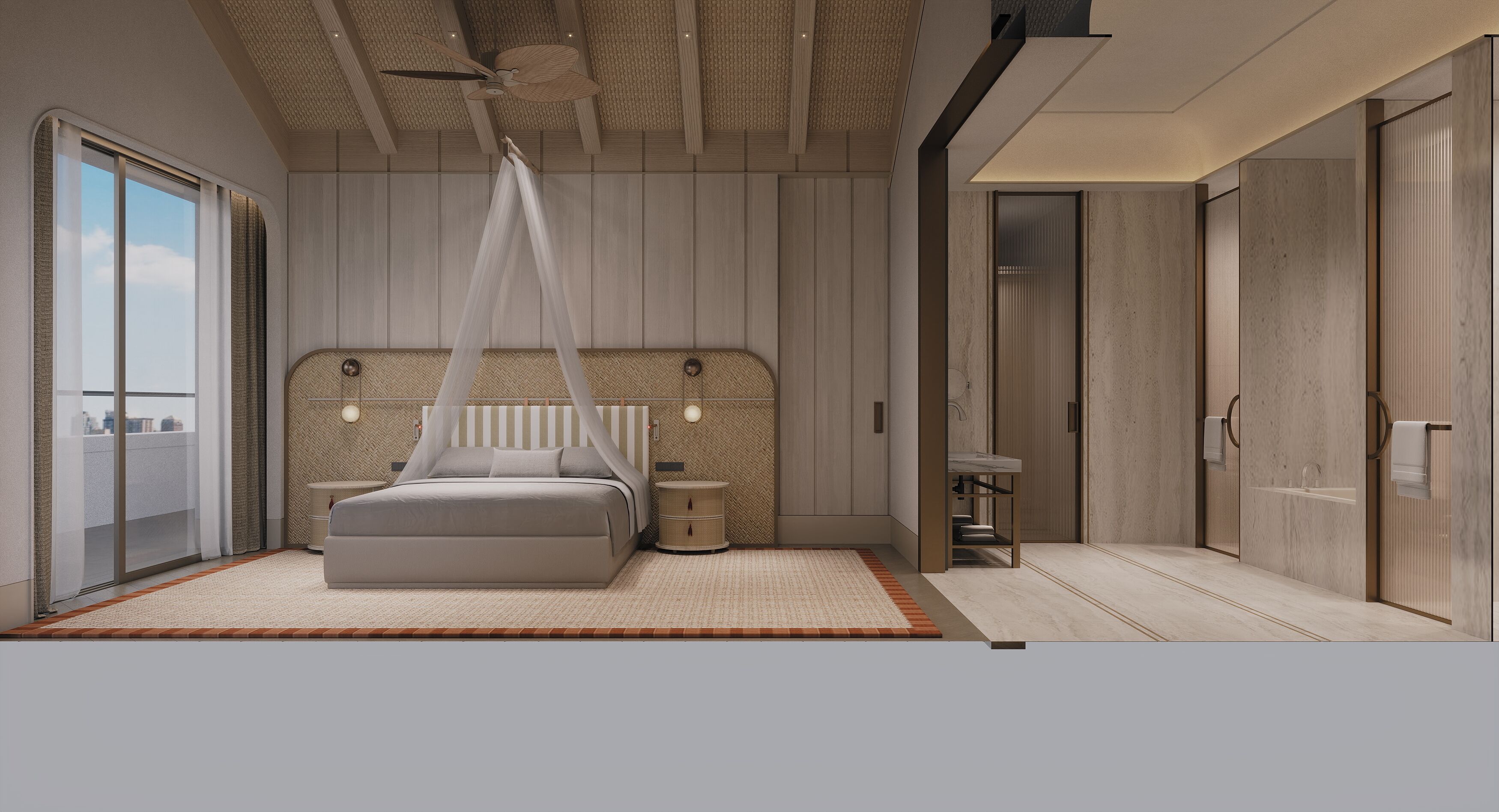A modern bedroom with a canopy bed, a nightstand, a small table, and a view of the city through large windows.