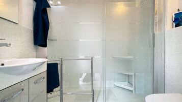Shower, hair dryer, bidet, towels