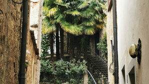 A narrow alleyway with a stone gate, lush greenery, and a staircase leading to a building. - Ca Sistina Blue (Morcote)