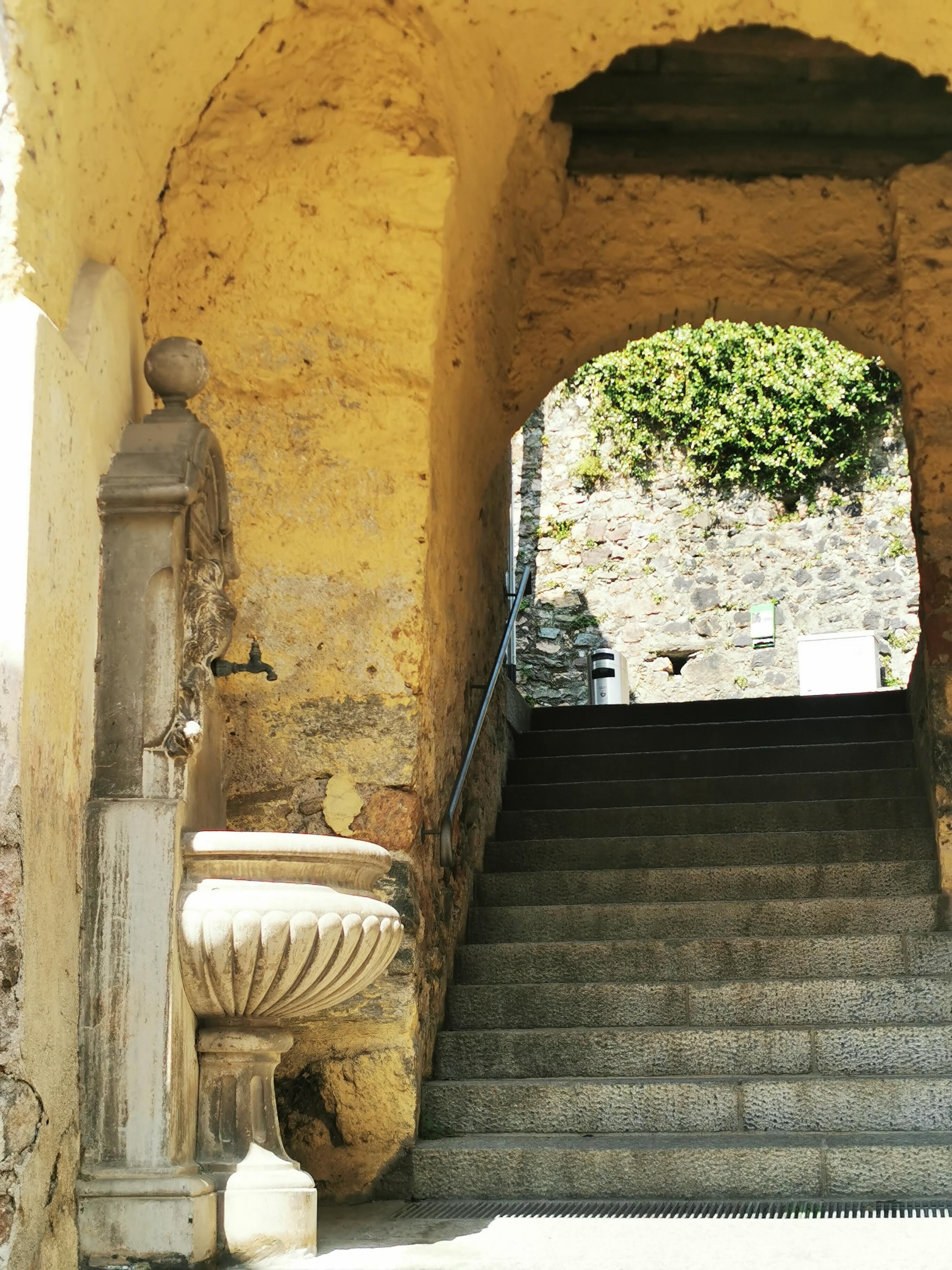 A stone staircase leading to a stone wall with greenery above.