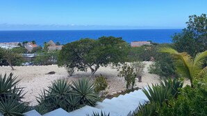 Vista costera con cielo despejado, playa arenosa y edificios al fondo.