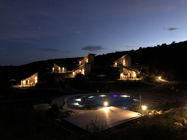 Outdoor pool, open 8:00 AM to 10:00 PM, pool umbrellas, pool loungers - Bote Farms - Agritourism (Finiq)