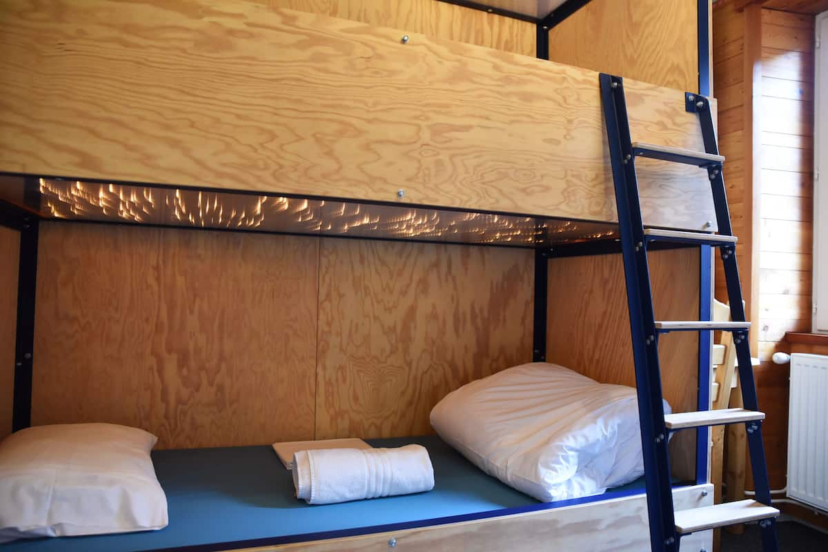 A bunk bed with a ladder, wooden walls, and a window.