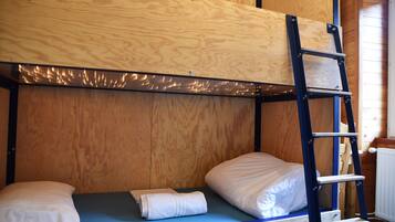 A bunk bed with a ladder, wooden walls, and a window.