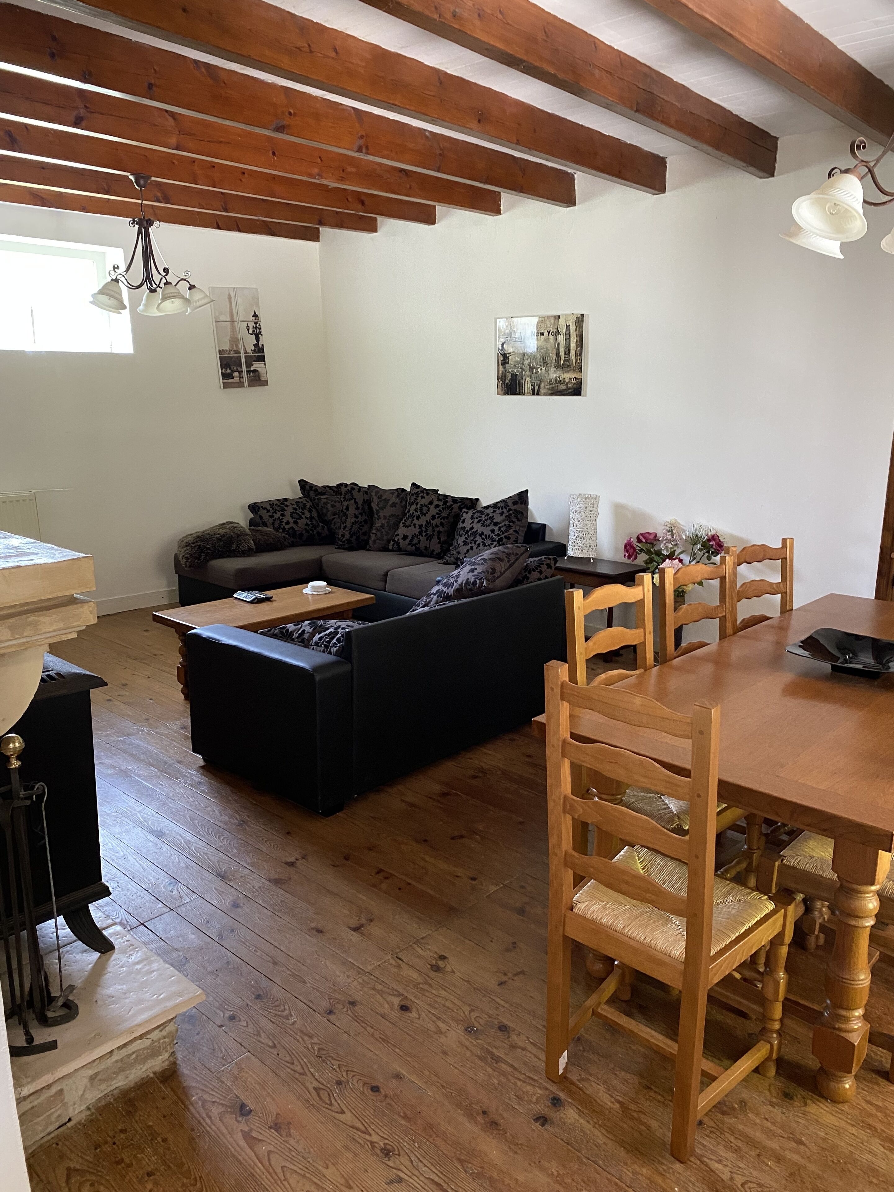 TV connectée, cheminée, lecteur de DVD, livres