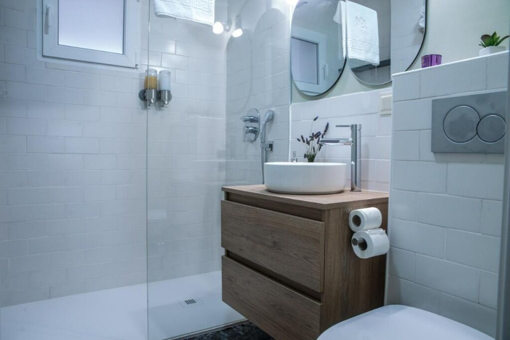 Shower, hair dryer, towels, toilet paper