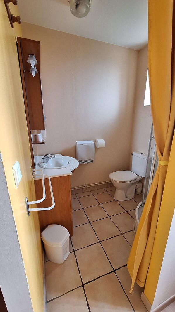 A bathroom with a sink, toilet, and shower.