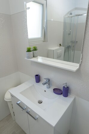 Dusche, Haartrockner, Handtücher, Seife