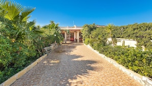 A paved pathway leading to a building with a tiled roof, surrounded by lush greenery and palm trees. - 3196 Villa Angela by Barbarhouse (Nardò)