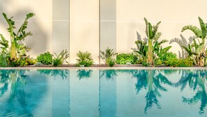 Ein Schwimmbecken mit klarem, blauem Wasser, umgeben von üppiger Vegetation und einer beigen Mauer.