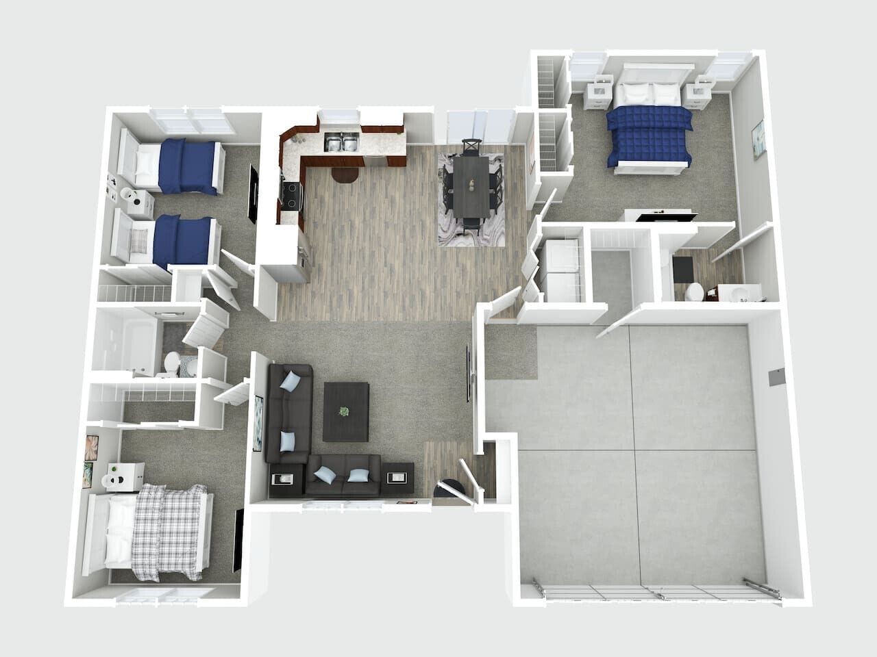 Distribución de un apartamento de dos habitaciones, con cocina, comedor y un pequeño balcón.