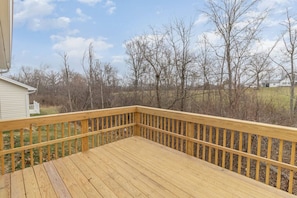 Eine Holzterrasse mit Geländern, umgeben von kahlen Bäumen und blauem Himmel.