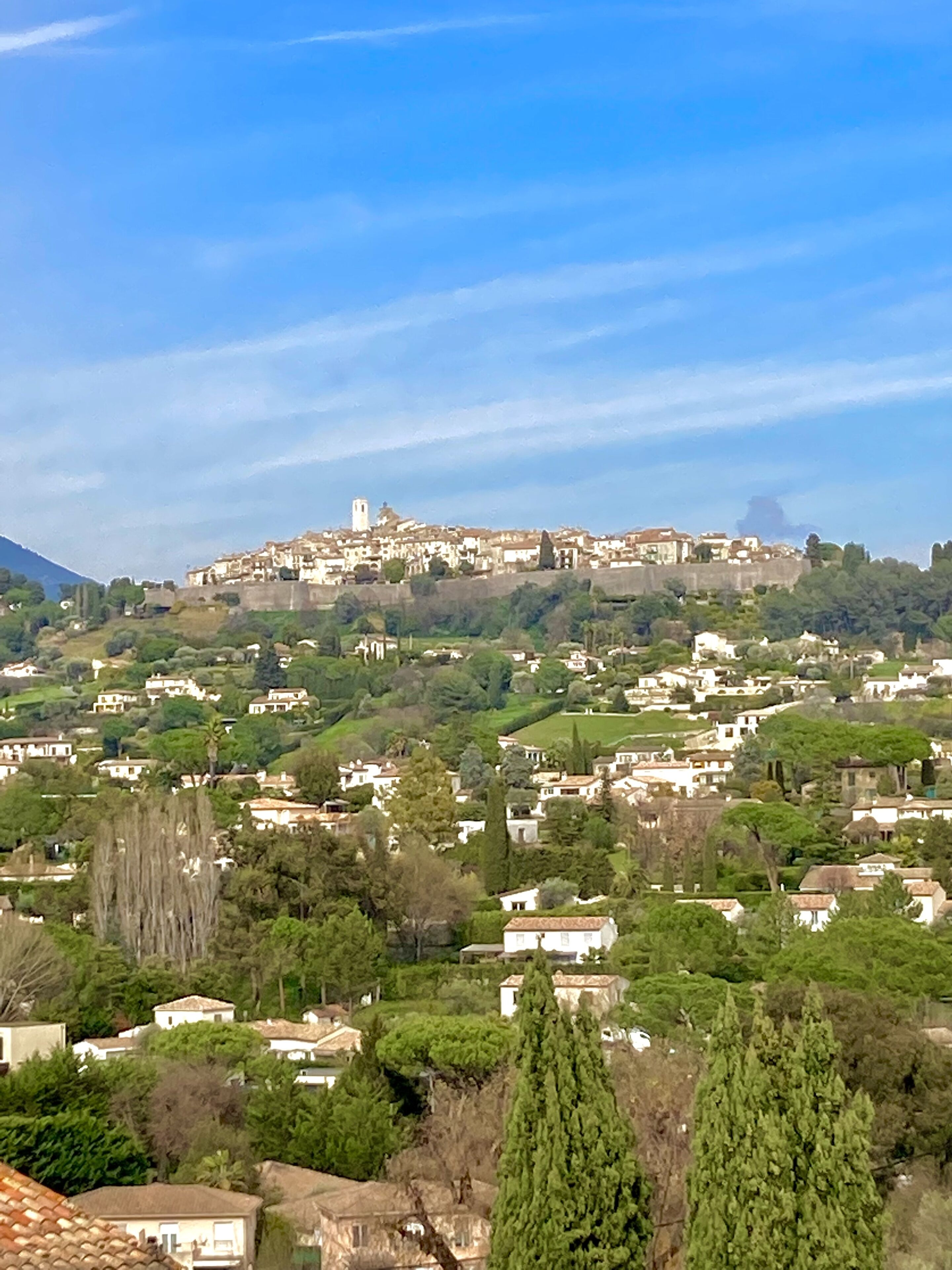 Un pueblo en la ladera con edificios históricos y una imponente torre de iglesia.
