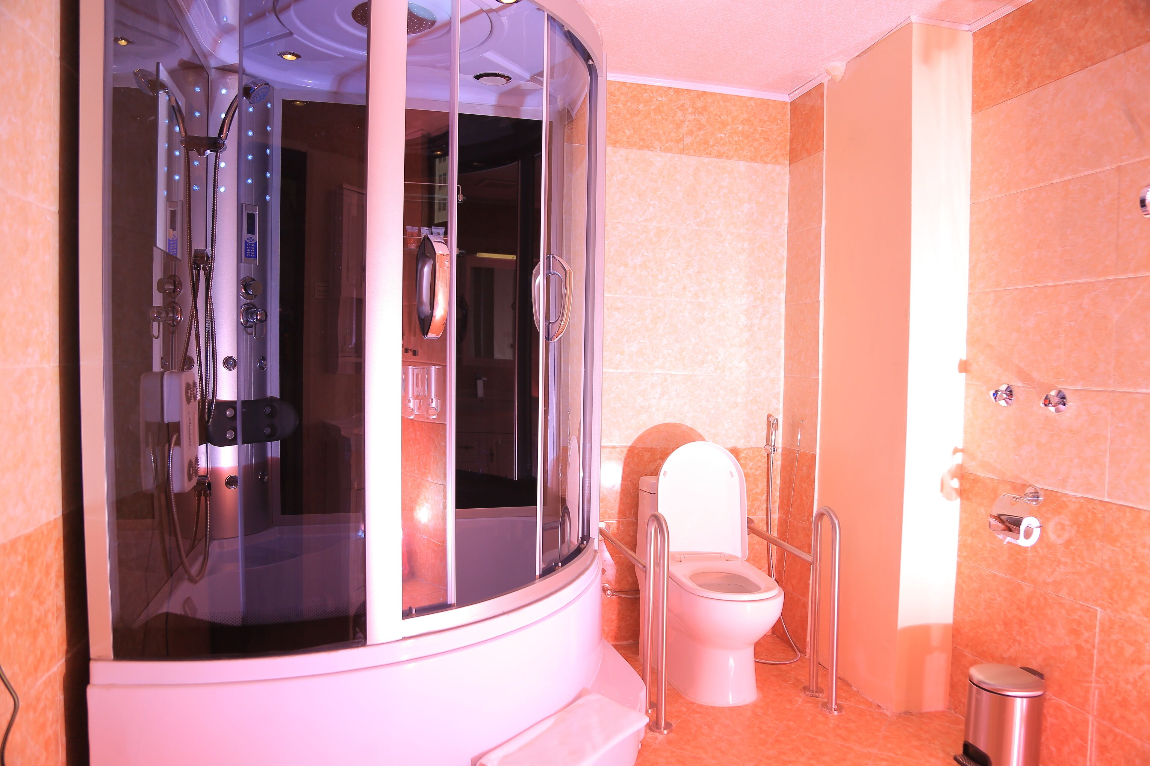 A bathroom with a glass-enclosed shower, a toilet, and a trash can.