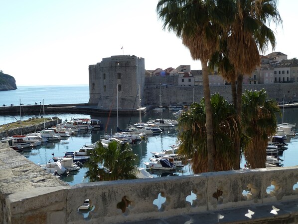 A coastal marina with boats docked, a historic stone building, and a palm tree.