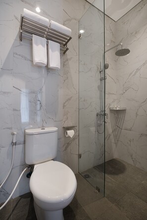 Bathroom features a shower, toilet, and towel rack.