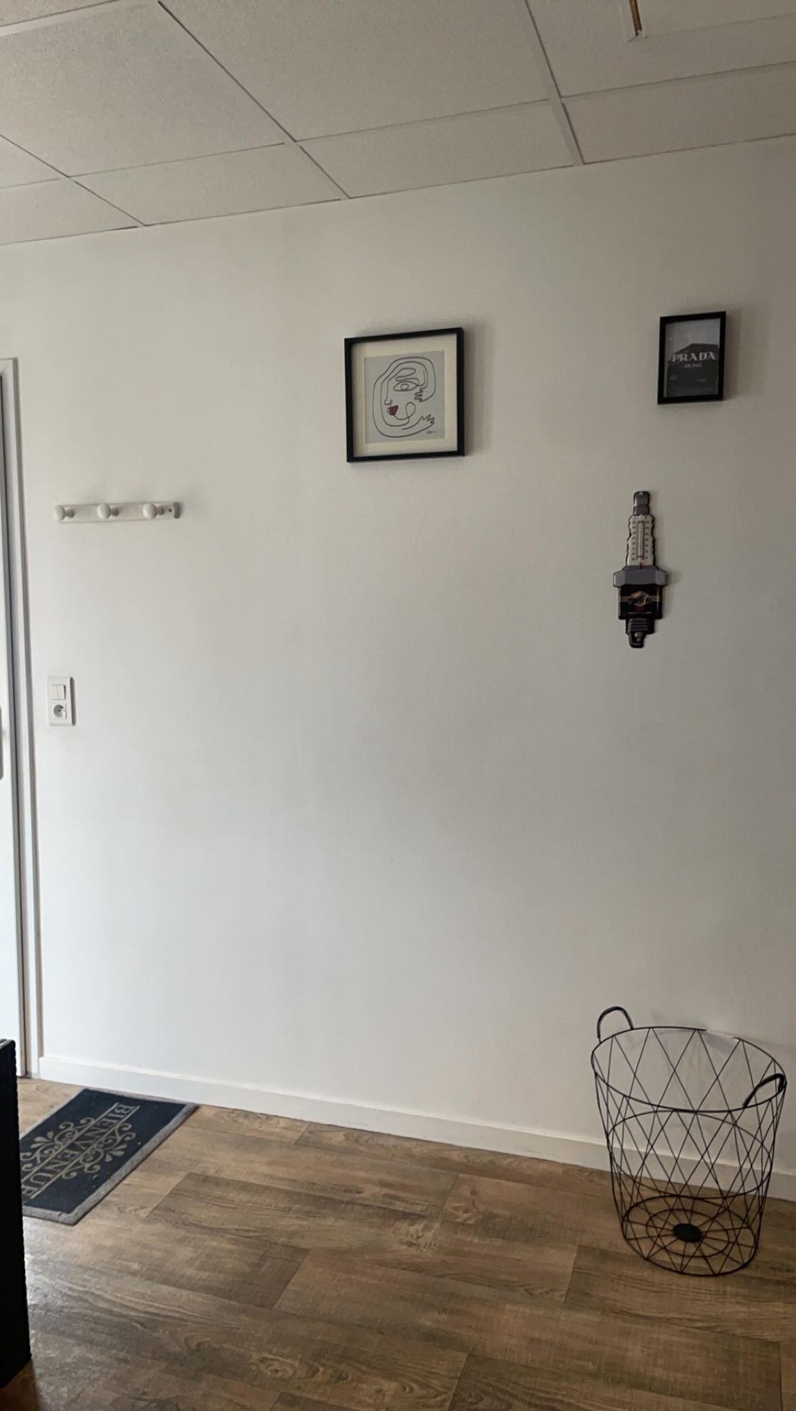 Ein Zimmer mit Holzboden, einer Tür, einem gerahmten Kunstwerk, einer Wandleuchte und einem Drahtkorb.