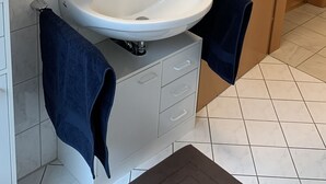 Et badeværelse med en hvid vask, et spejl, en brusekabine og en trædør.