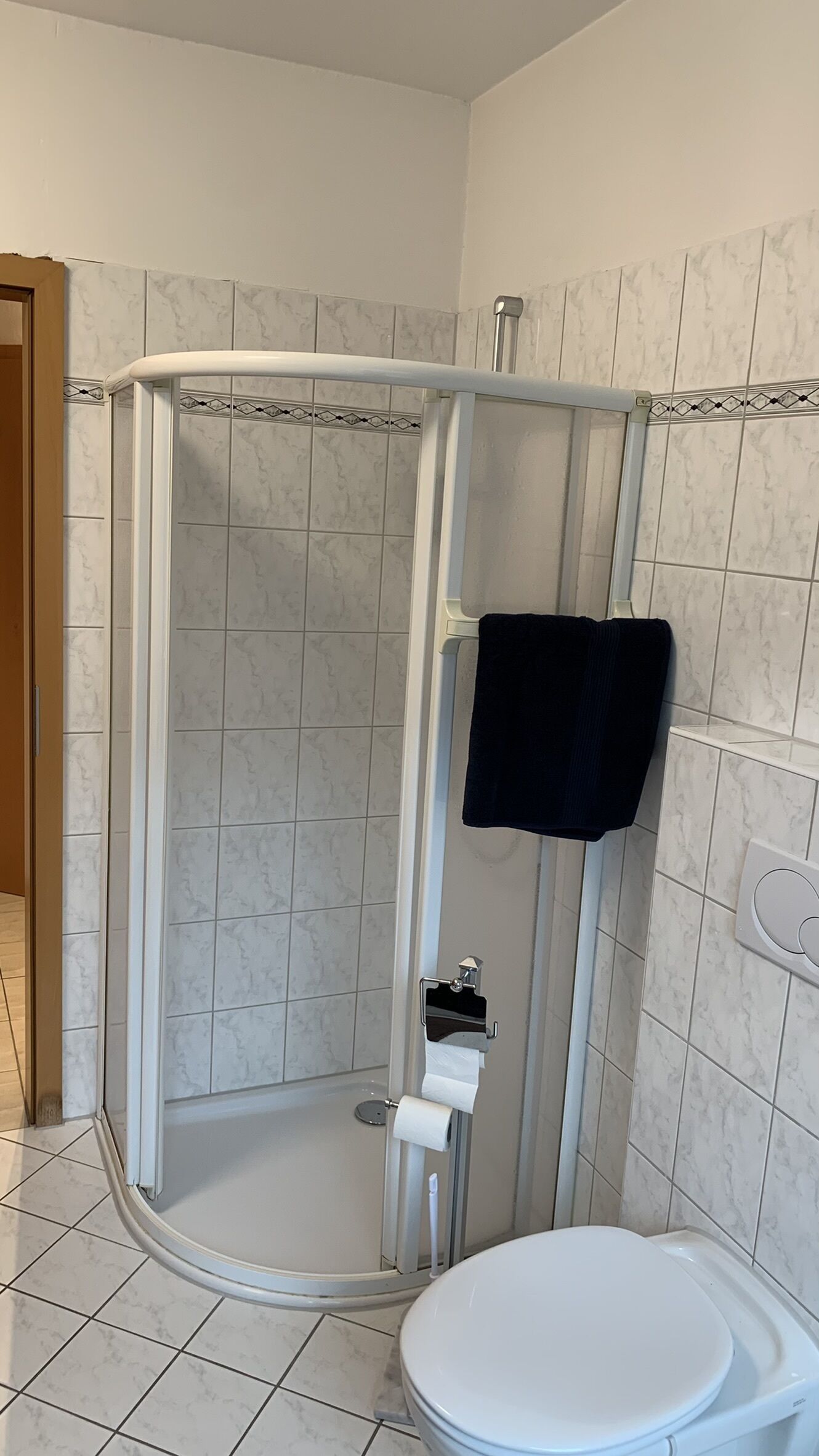 A bathroom with a shower enclosure, toilet, and a towel rack.