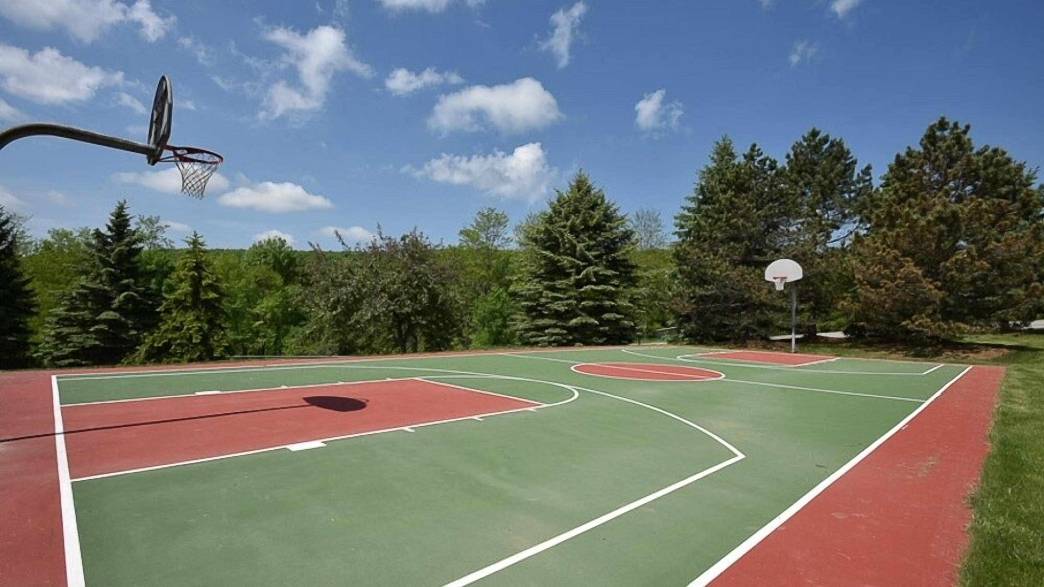 An outdoor basketball court with multiple hoops, surrounded by trees and a clear sky.