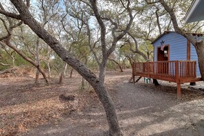 Una cabaña pequeña con un porche, rodeada de árboles y un sendero de tierra.