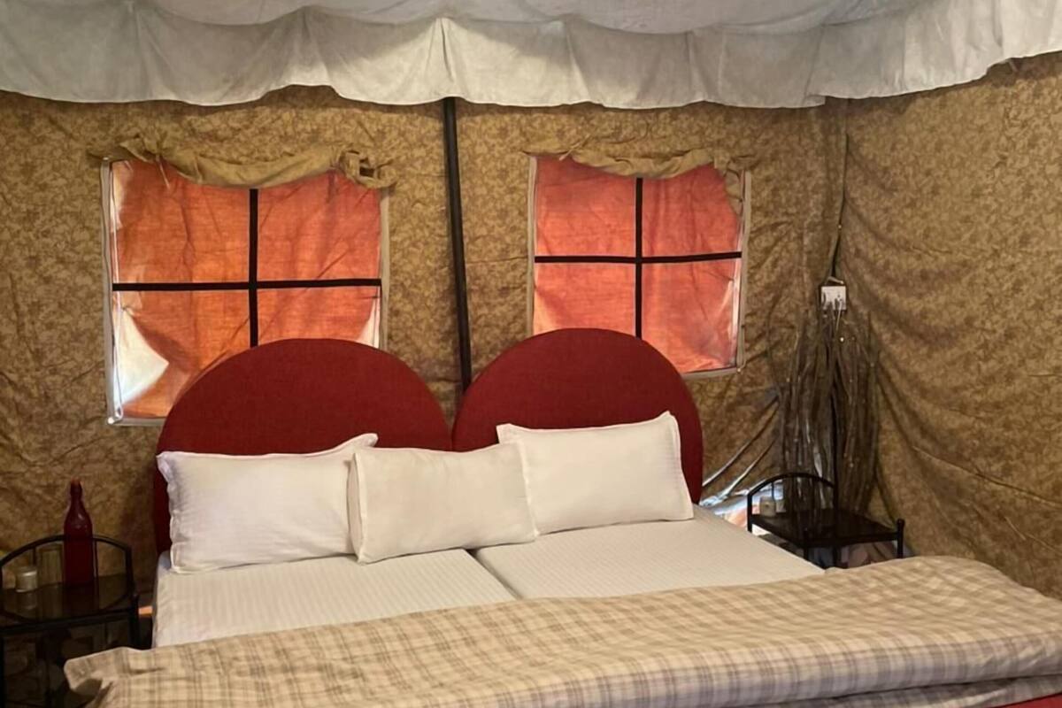 Una habitación con una cama, dos ventanas con cortinas, una mesita de noche y una silla.