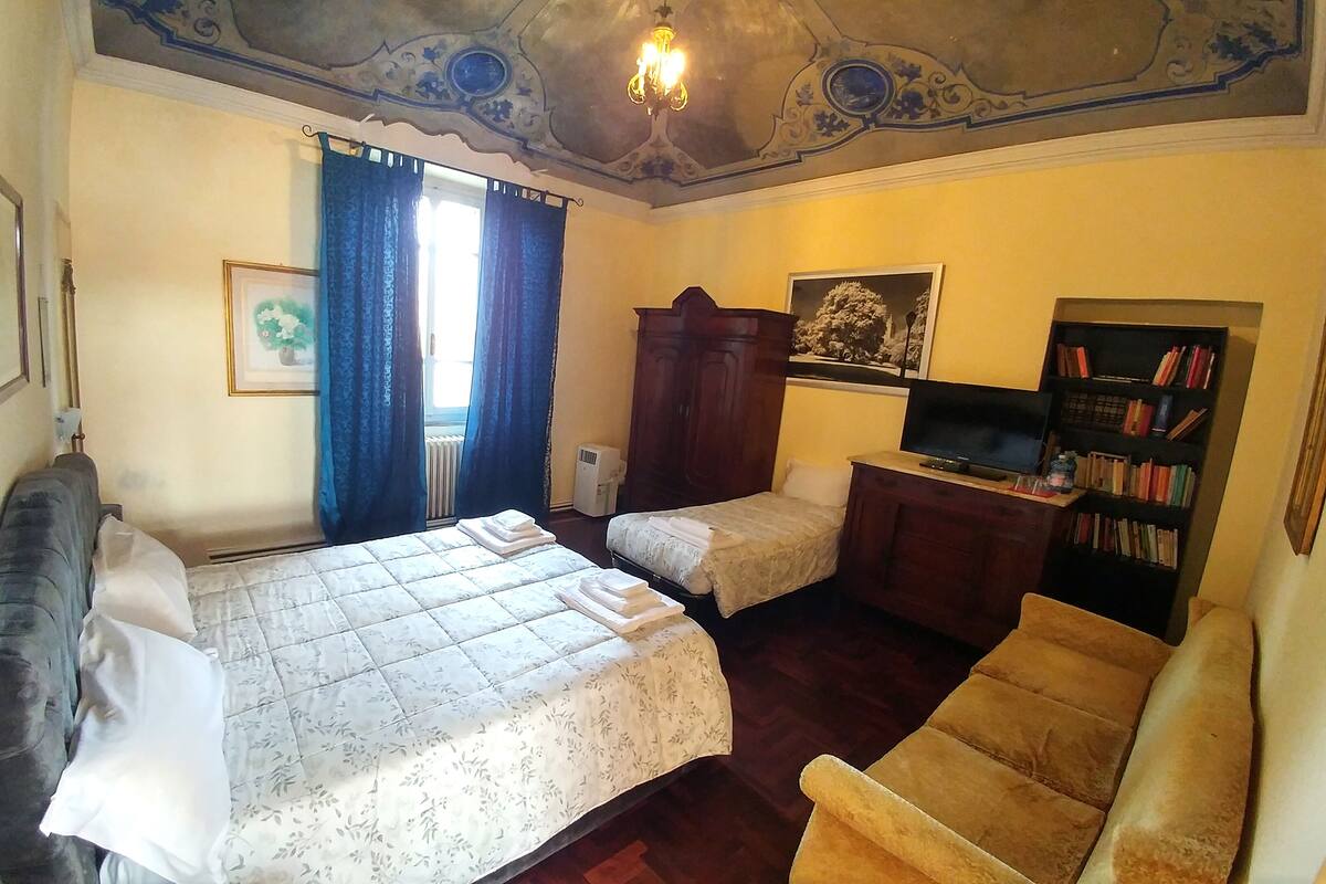 A bedroom with two beds, a sofa, a TV, a bookshelf, and a ceiling with decorative moldings.