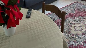 A living room with a blue sofa, a table with a remote control, a potted plant, and two framed pictures on the wall. - Charme Holidays Venice (Venice)