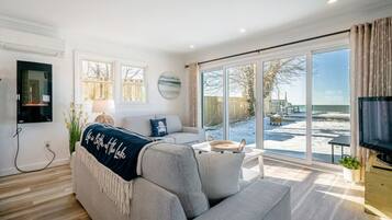 Smart TV, fireplace, books, music library