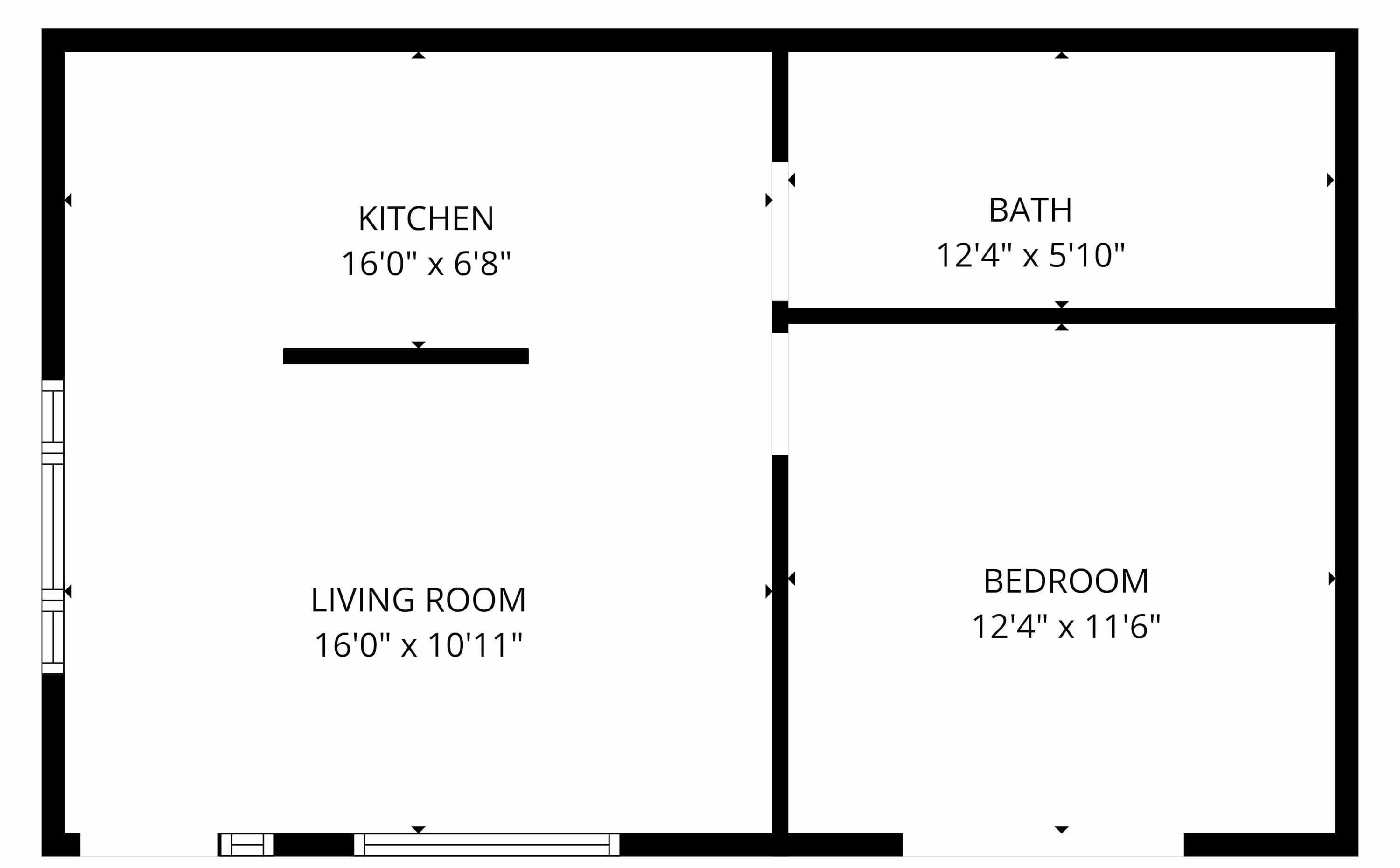 A floor plan with a kitchen measuring 16'0' x 6'8', a living room at 16'0' x 10'11', a bedroom at 12'4' x 11'6', and a bathroom at 12'4' x 5'10'.