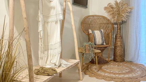 A room with a wooden swing chair, a wicker chair, a small table with a plant, and a woven rug. - Americana beach house (Rimini)