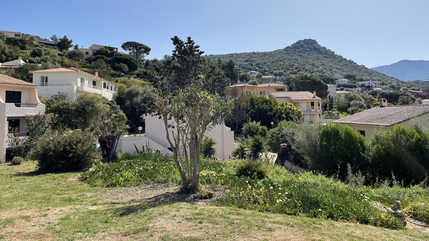 Eine Wohngegend an einem Hang mit Häusern, Grünflächen und einem Berg im Hintergrund.