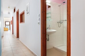 Shower, hair dryer, towels, toilet paper