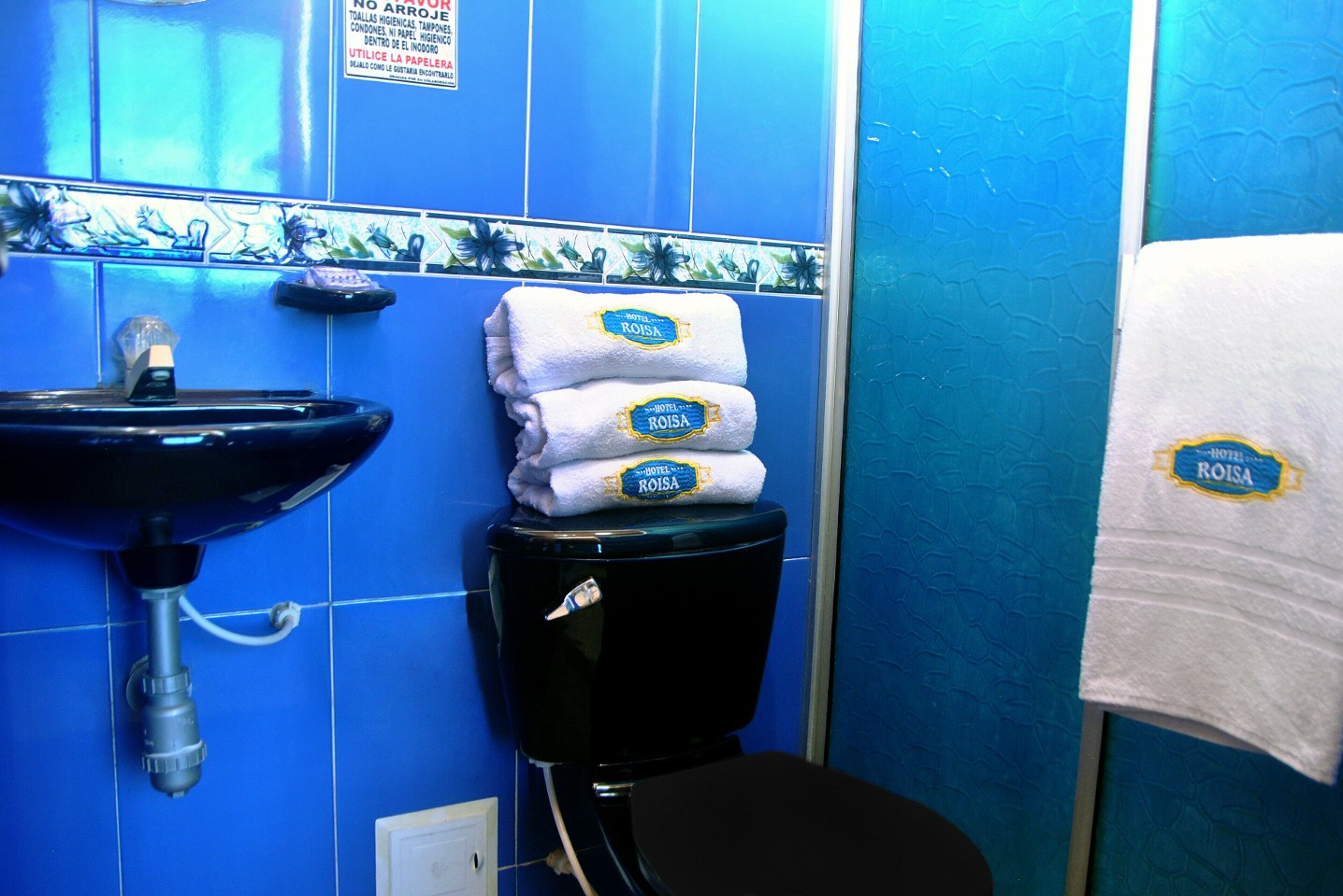 Baño con lavamanos, inodoro y toallas con la etiqueta "HOTEL ROISA".
