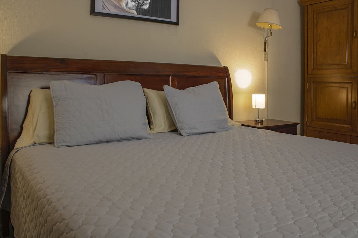 A neatly made bed with a wooden headboard, two pillows, and a bedside lamp.