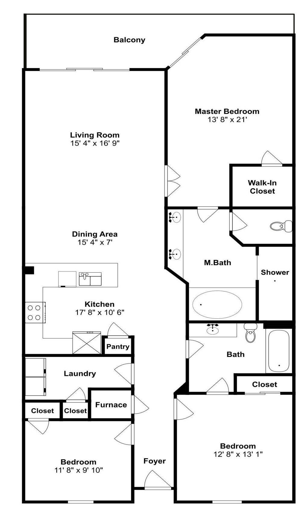 A floor plan of an apartment with a balcony, living room, dining area, kitchen, laundry, two bedrooms, a master bedroom, walk-in closet, master bathroom, and a foyer.
