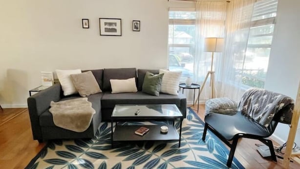 A modern living room with a dark sofa, a coffee table, and a patterned rug.